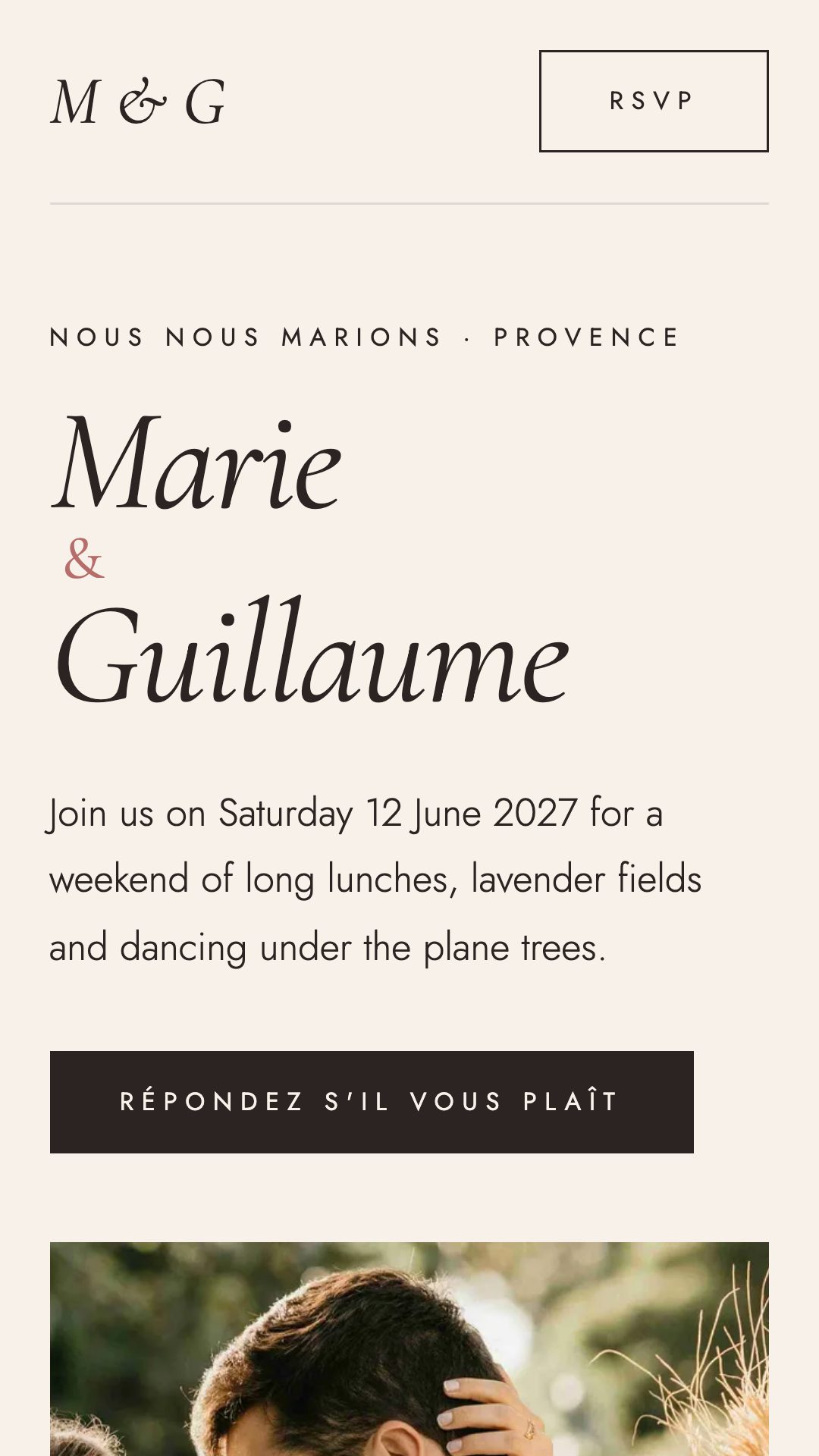 Marie digital wedding invitation preview on mobile