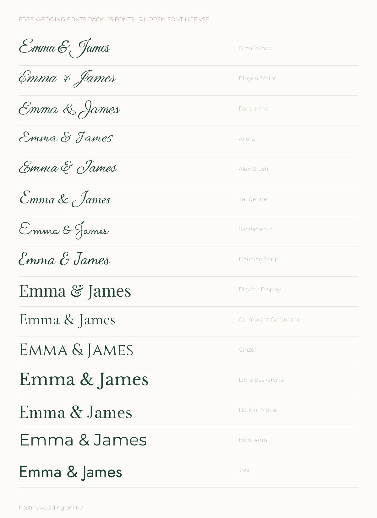 Specimen of the 15 free wedding fonts in the pack, from Great Vibes to Jost