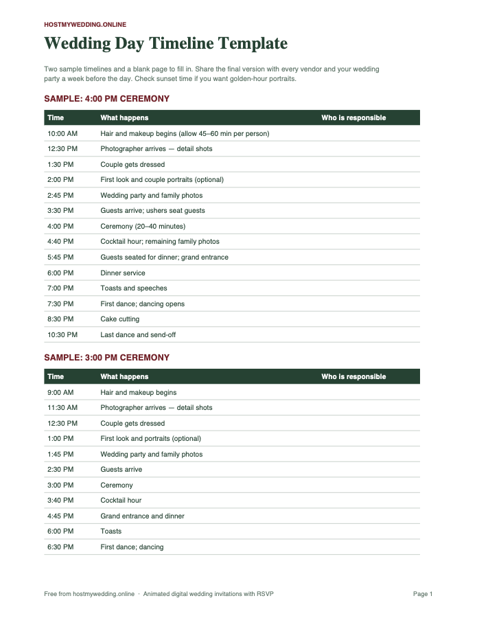 Preview of the free wedding day timeline template PDF